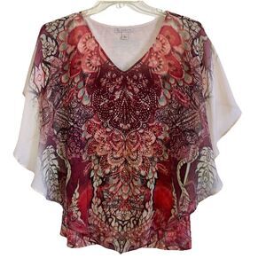 CB ESTABLISHED 1962 sz L Rhinestone Flowy Chiffon Batwing Tattoo Sublimation Top
